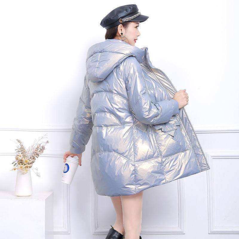 Glossy Down Jacket Women's Winter White Duck Down Mid-length Korean Style Loose Thick Slim-fitting Western-style Jacket Trend