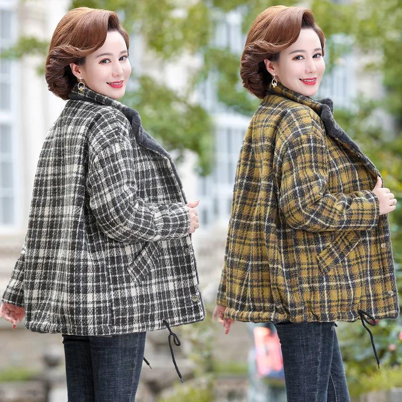 Mother's Autumn and Winter Clothes Plus Velvet Thick Padded Jacket Plaid Cotton Clothes Middle-aged and Elderly Women's Stand-up Collar