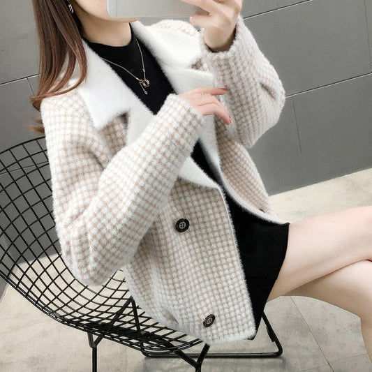 Fuzzy Sweater for Women Faux Mink Fur Checker Knitted Jacket Double-breasted Short Knitted Cardigan Coat