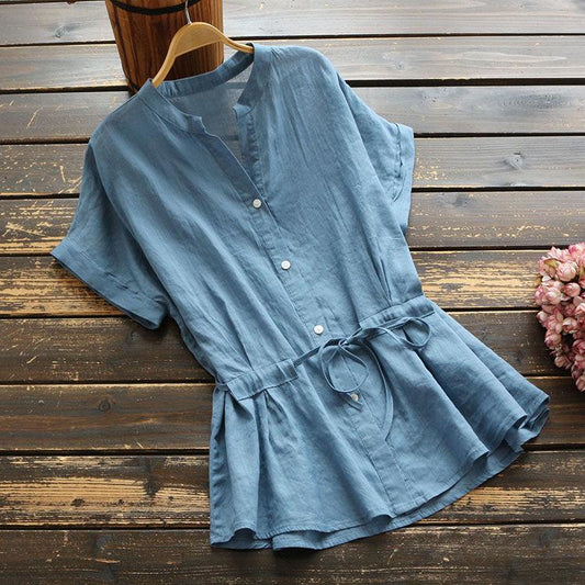Cotton Short-sleeved Shirt Women's Summer Fashion Belt Loose Casual V-neck Top
