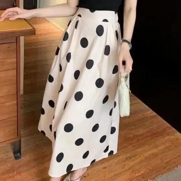 Classic French Suit Women's White Polka Dot Dress Square Collar Black Short-sleeved Top Big Swing A-line Skirt Two-piece Set