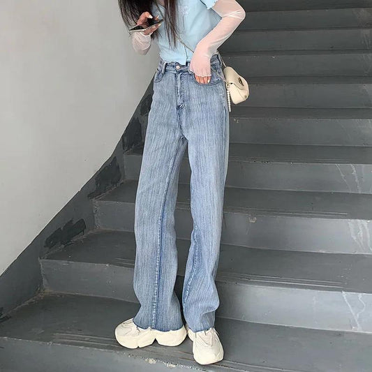 Retro Chic Straight Loose Jeans Women's High Waist Thin Wild Plug-in Wide Legs