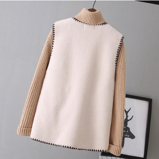 Lamb Plush Vest Female Autumn and Winter Temperament Outer Wear Fur Waistcoat Vest Vest V-neck Sleeveless Button Jacket