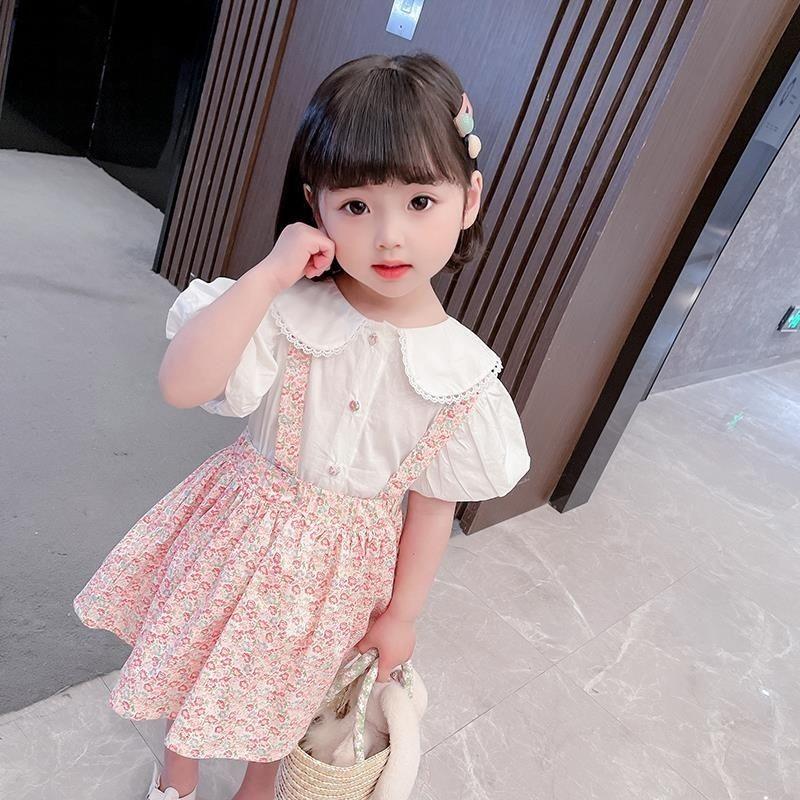 2PCS Children Clothing Set Spring Summer Girls Suits Broken Flowers Short Sleeve Tops + Braces Skirt Clothing Set