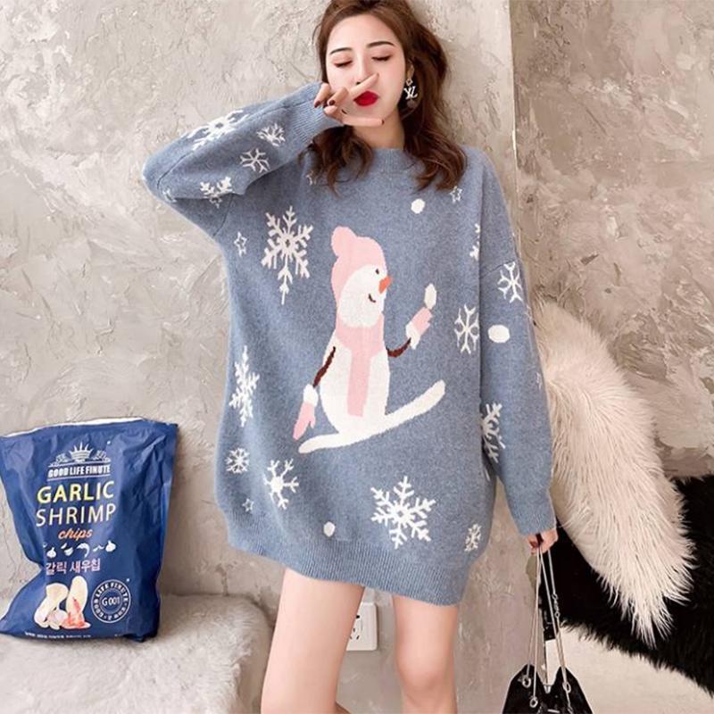 Pofulove Sweet Sweater Elegant Mid-length Thick Loose Loose Pullover Christmas Sweater Sweater Women