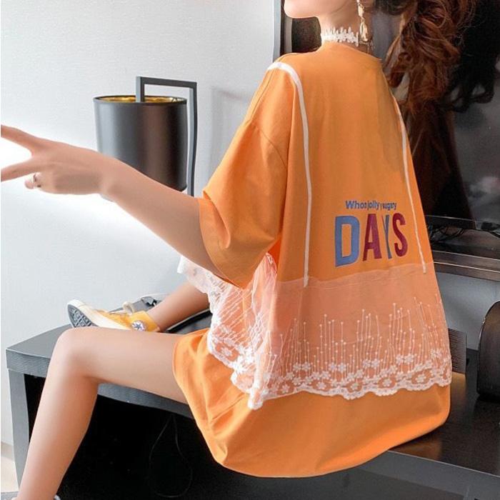 Lace Veil Women Dress Girl Loose O-Neck Loose Short Sleeve Casual Long T-shirt Dress