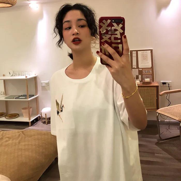 Chinese Style Crane Embroidery Round Neck T-shirt Loose Breathable Casual Short Sleeves Hipster Summer Tops