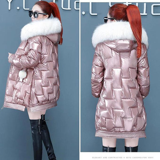 Glossy Mid-length Down Padded Jacket Women's Winter Thickening Bread Coat Cotton-padded Coat Loose Disposable Padded Jacket Padded Coat