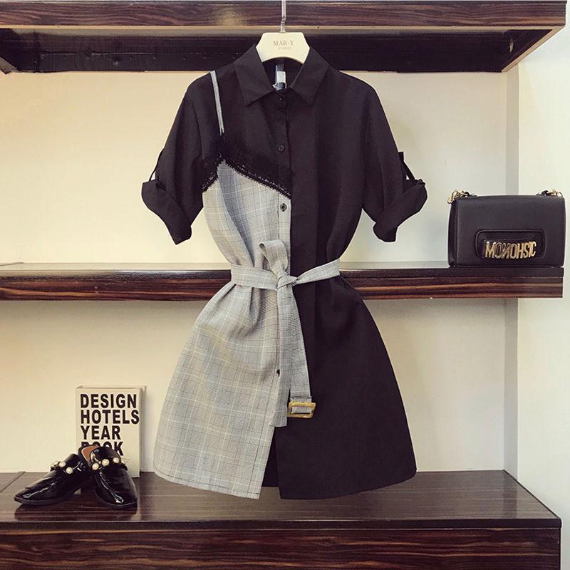 Women Shirt Dress Summer Female Plus Size Slim Lace Plaid Stitching Midi Dress Elegant Dress with Sashes