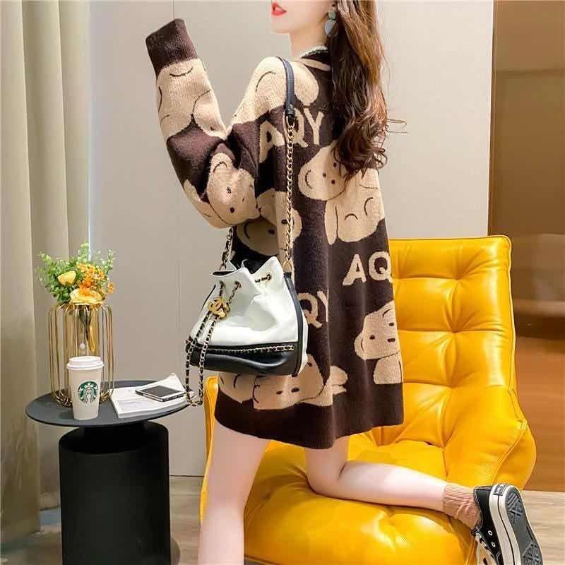 Autumn Winter Women Fashion Sweater Casual Knitting Sweater Mid-length Pullovers Loose Casual Long Sleeve Sweater