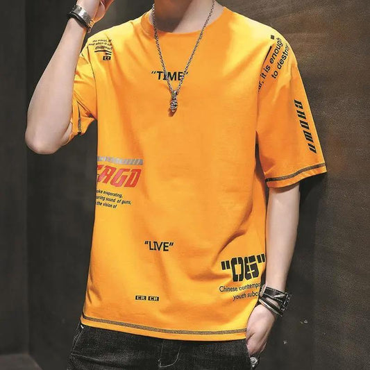 T-shirt for Men O-neck Short Sleeve Thin Shirt Korean Trendy Alphabet Print Tees Soft Casual Loose Pullover for Youth