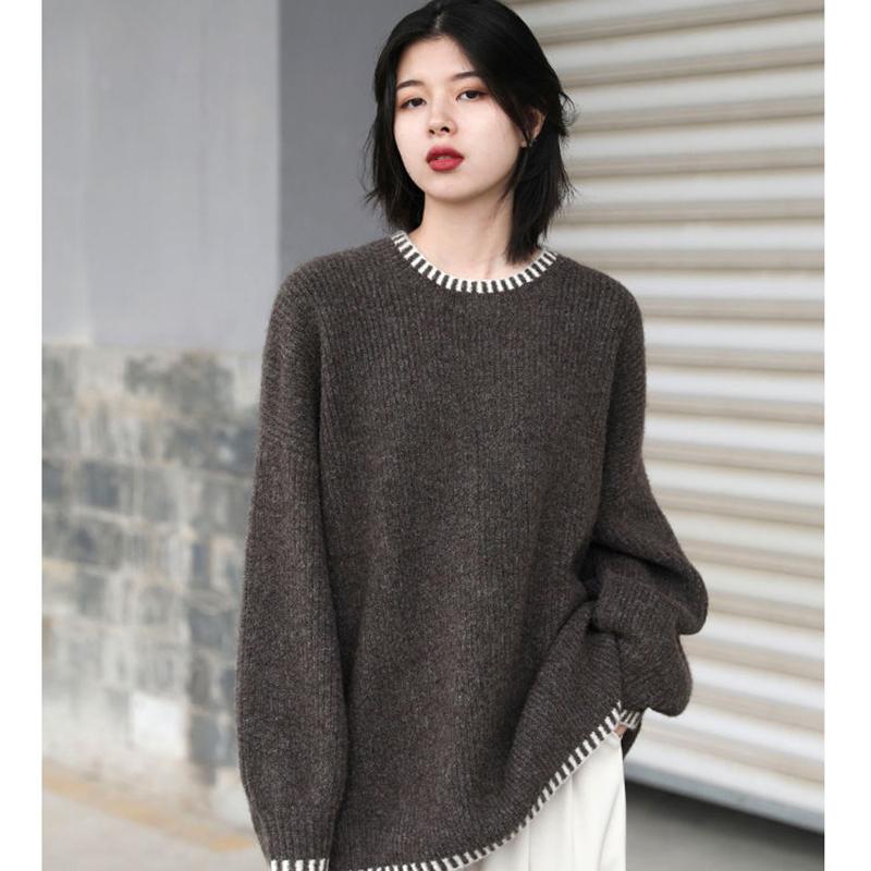 Large Size Knitted Sweater Women Autumn and Winter Loose and Lazy Retro Hit Color Pullover Round Neck Sweater