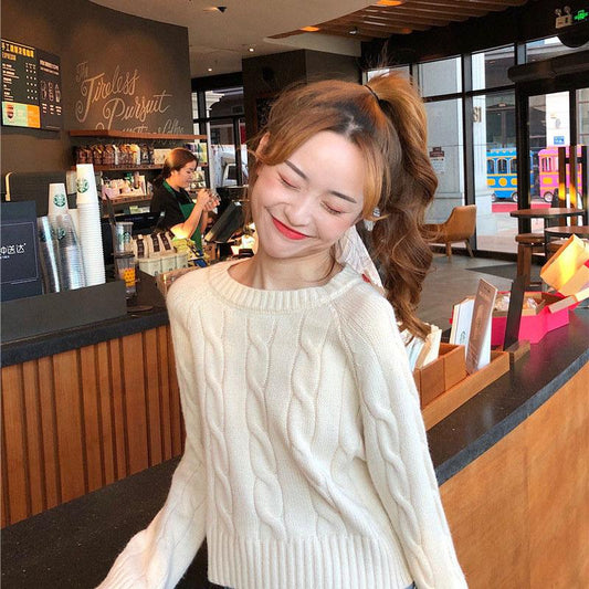 Spring and Autumn Loose Knitted Sweater Long Sleeve Pullover Casual Jacket Short Pure Color Women's Top