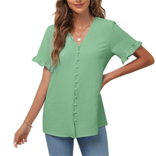 Spring and Summer Women's Casual Ruffled Short-sleeved V-neck Button-up Top European and American Solid Color Shirt