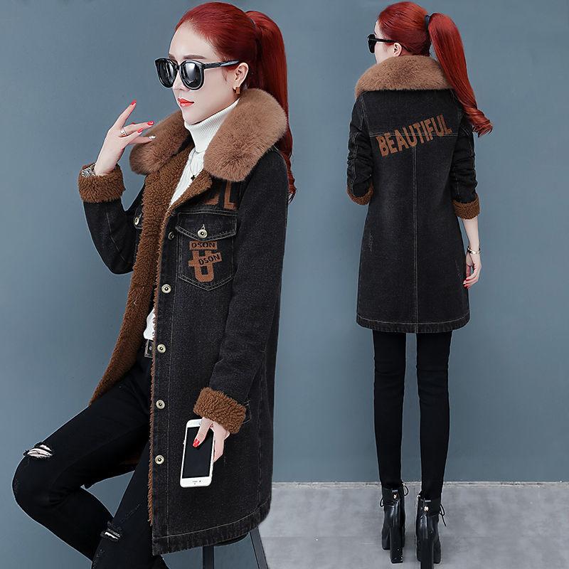 Autumn and Winter Denim Jacket Women Plus Velvet Thickening Slim Mid-length Denim Parka Coat Flocking Overcoat with Detachable Fur Collar