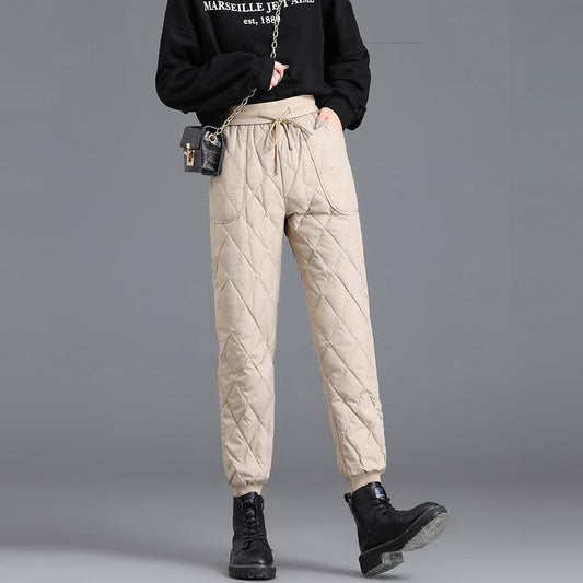 Down Cotton Trousers for Winter Wear Fashionable High-waisted Plus Velvet Thickened Straight Leg Warm Casual Cotton Trousers