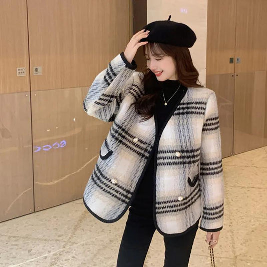 Temperament Xiaoxiang Style Coat Women's Mid-length V-neck Plaid Top Women's All-match Long-sleeved Casual Coat