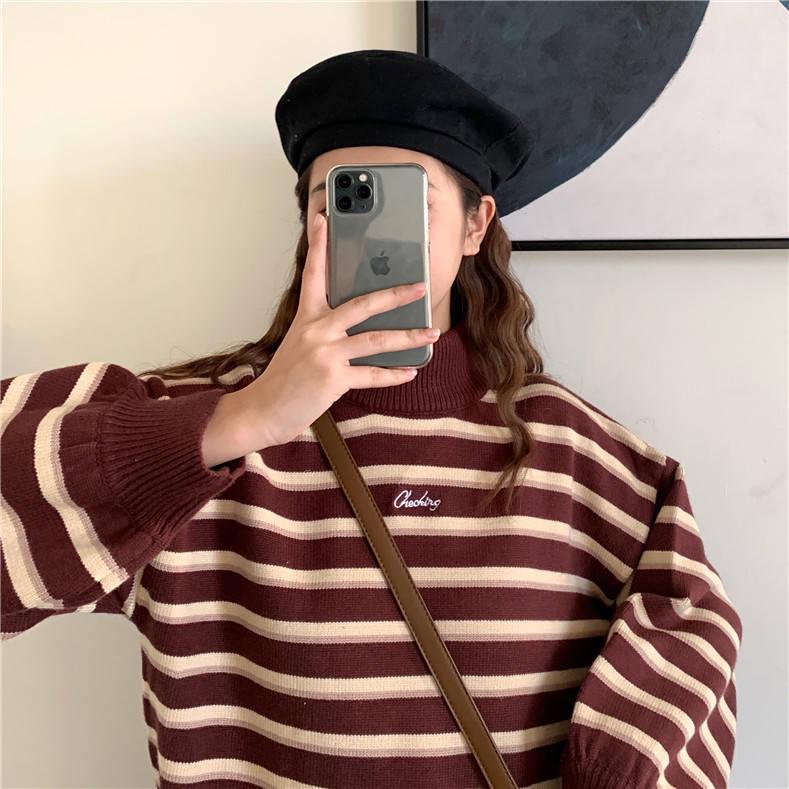Women Striped Sweaters contrast pullover long sleeve Vintage Plus Size loose Knit Sweaters warm