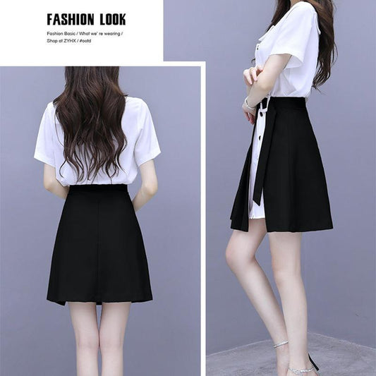 Summer Women's Suit Skirt Temperament Fairy Skirt Two-piece Dress Thin Shirt Skirt Black and White Dress Can Be Worn for Work