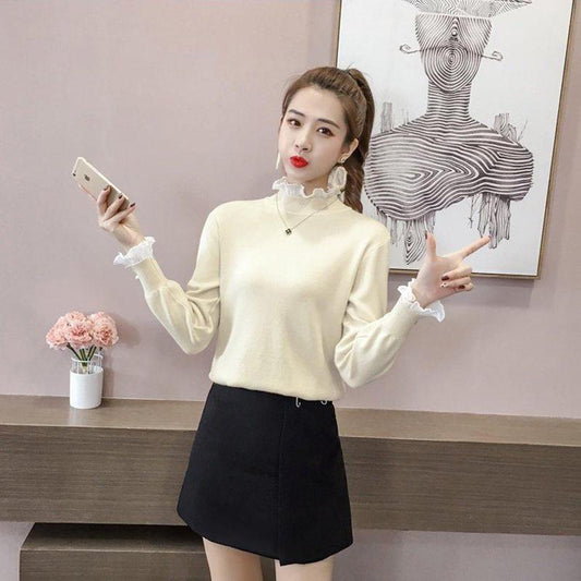 Half High Neck Long-sleeved Sweater Wooden Ears Sweet Beauty Sweater