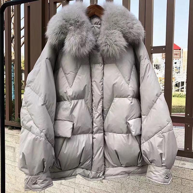 Korean Fashion Ladies Down Jacket Fox Fur Collar Thick Bread Jacket White Duck Down Short Down Jacket