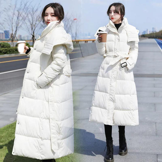 Women's Solid Color Long Down Jacket Quilted Coat Women's Winter Padded Down Jacket Hooded Down Jacket with Warm Stand-up Collar