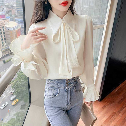 Flared Long Sleeve Blouse Women's Spring and Summer Fashion Pleated Bow Chiffon Top