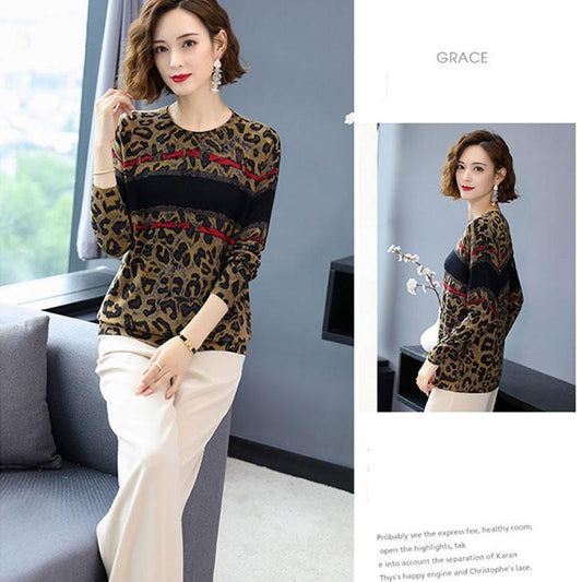 Vintage Leopard Sweater Female Ethnic Style Print High-end Cashmere Sweater Fashion Pullover Woolen Sweater Outwear