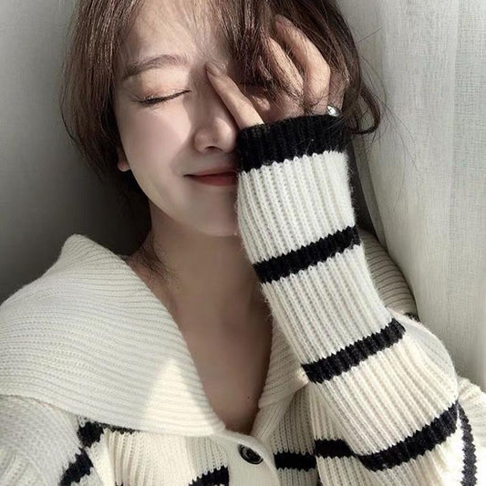 Fall Lapel Collar Contrasting Striped Knit Cardigan Women's Loose Casual Fashion Long Sleeve V-neck Jacket