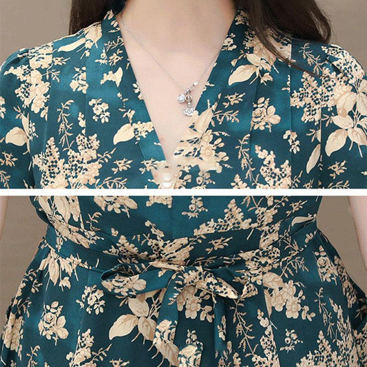 Women's Mid-length Dress Summer Loose Large Size Short-sleeved Floral Long Skirt A-line Version Type Waist Thin Elegant Temperament Dress