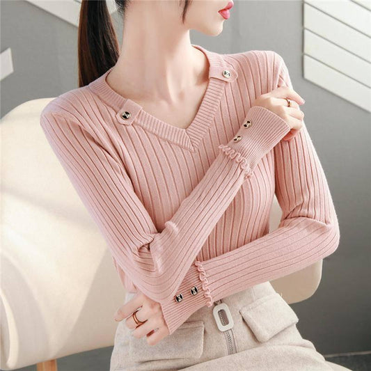 Women Sweater Solid Slim V-Neck Warm Knitwear Winter Long Sleeve Turtleneck Top