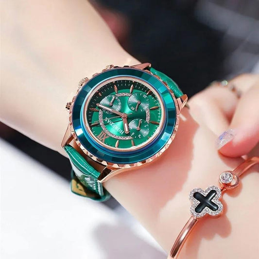 Women's Luxury Crystal Green Rhinestone Niche Watches Korean Style Quartz Watches Office Cut Crystal Diamond Wrist Watches