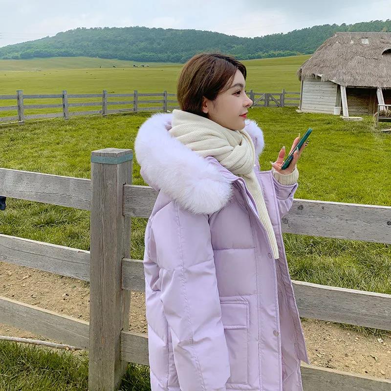 Down Cotton Jacket Women's Thickened Warm Large Wool Collar Large Pocket Long Loose Cotton Jacket