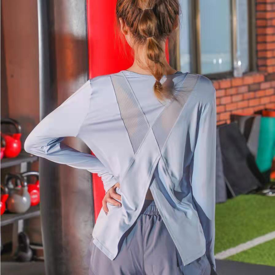 Women's Fitness Running Beautiful Back Hollow Blouse Spring and Autumn High Elastic Yoga Clothes Loose Long-sleeved Sports Top Gym Jogging Clothing
