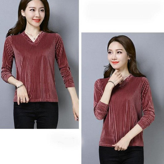 Blouse Women's Long-Sleeved Shirt Loose V-neck Gold Velvet Top Vintage Casual Ladies Top Spring Fall Pullover