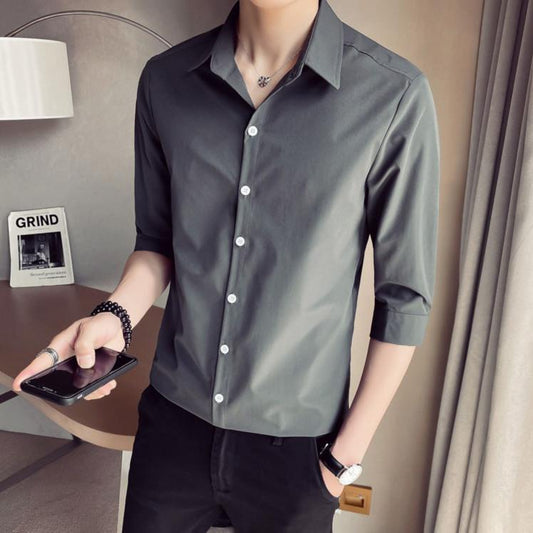 Summer Men's Short-sleeved Shirt Five-point Sleeve Trend Casual Handsome Men's Shirt White Work Slim Shirt