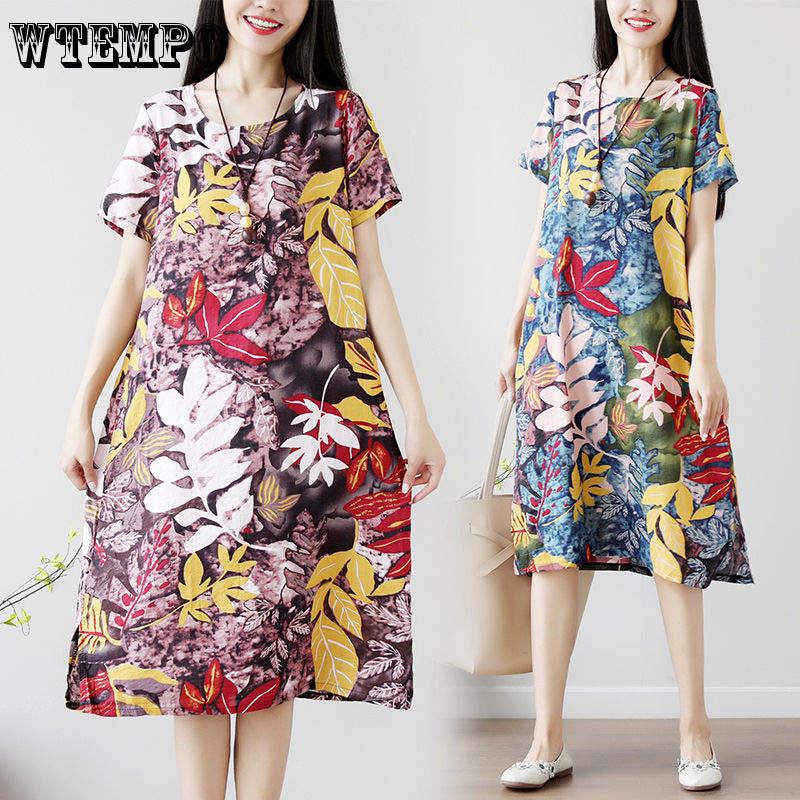WTEMPO Medium Long Ice Silk Dress Female Summer Loose Large Size Retro Linen Floral Skirt