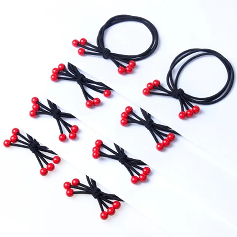 30PCS Cherry Head Rope Red Bead Tie Hair Rope Horsetail Flower Holster Hair Ring Hair Rope Rubber Band Headdress Hair Accessories