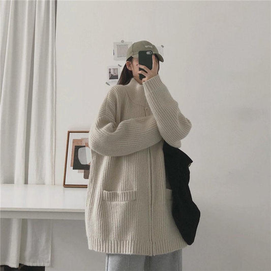 Autumn and Winter Students Loose and Versatile Lazy Knit Cardigan Zipper Jacket Sweater Women