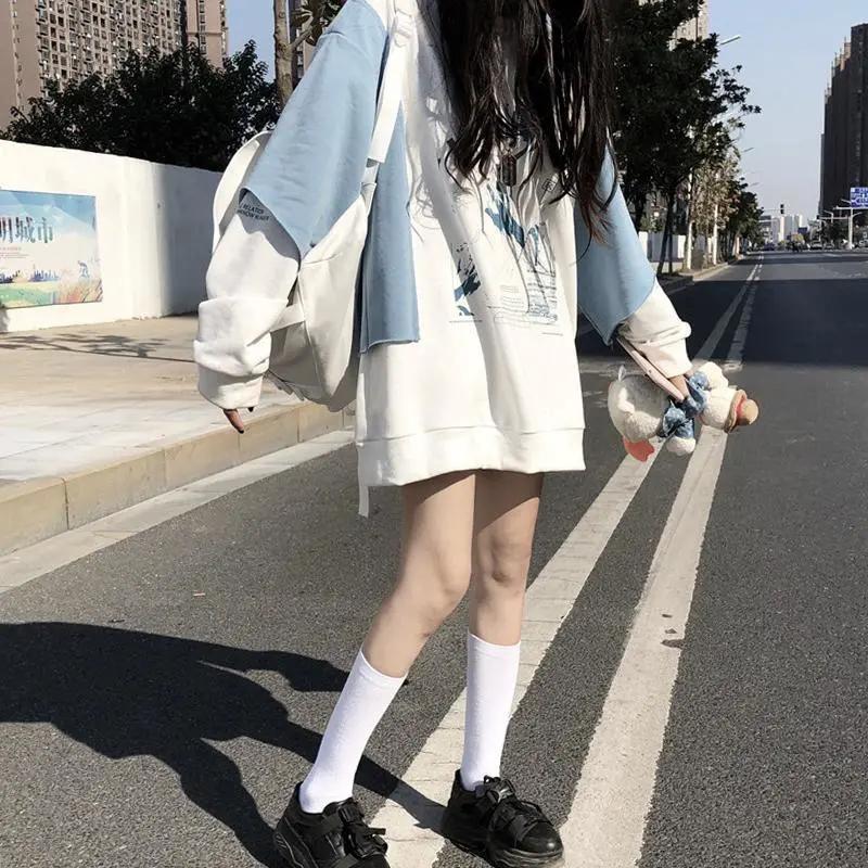 Women Hoodies Oversized Pullover Sweatshirts Fashion Printed Fake Two Piece Long Hoodies Harajuku Streetwear Hip Hop Women Hoodies Sweatshirt Tops