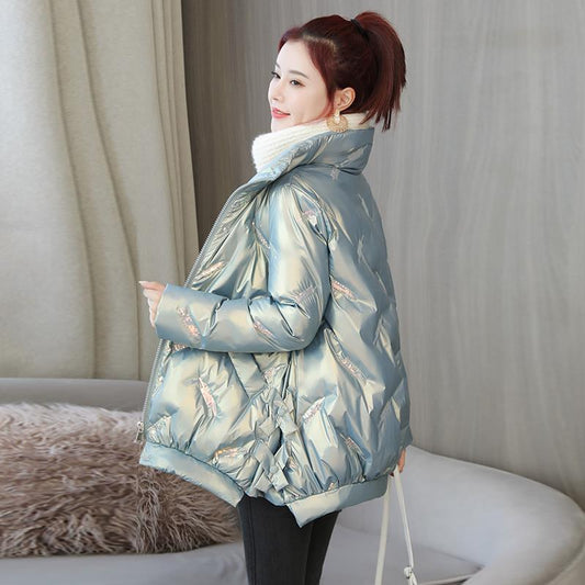 Glossy Down Padded Jacket Women's Winter Short Loose A-line Cotton-padded Jacket Bread Coat Jacket Winter Thick Warmth Shiny Jacket