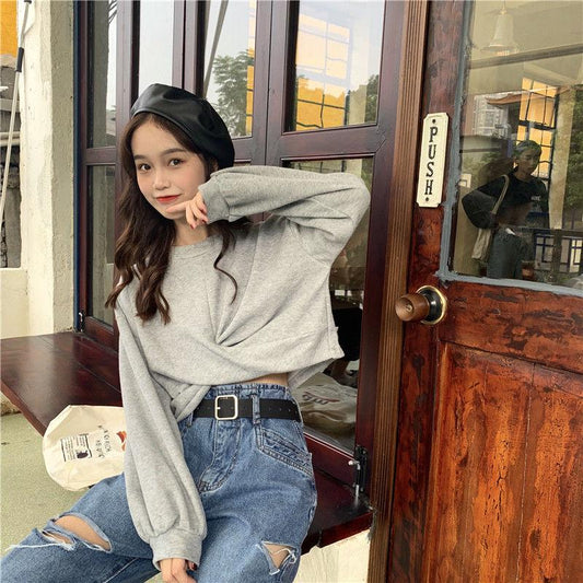 Spring and Autumn Girls' Hooded Sweatshirts Design Short Tops Cross Solid Color Long-sleeved Sweater Women
