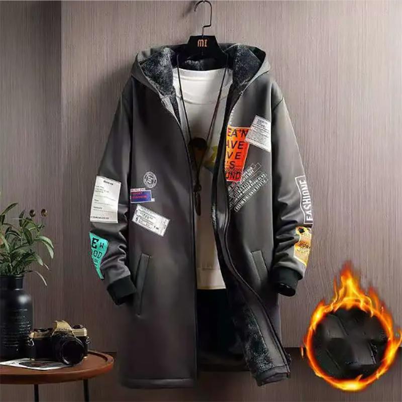 Men's Plus Velvet Thick Windbreaker Mid-length Trendy Hooded Jacket Youth Cloak Coat Autumn and Winter