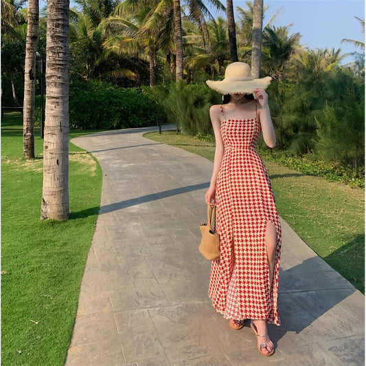 Female Vintage Slim Suspender Holiday Dress Elegant Backless Long Graceful Plaid Vacation Dress