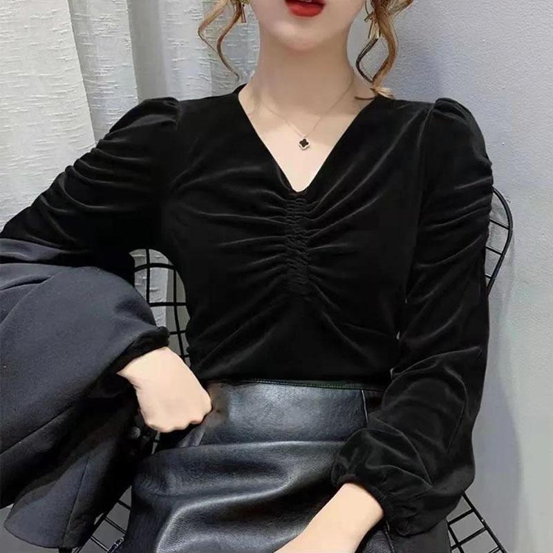 Spring and Autumn Long-sleeved T-shirt Women's V-neck Top Loose All-match Bottoming Shirt