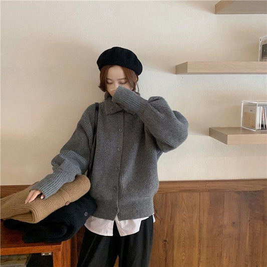 Spring Autumn Design Sense Lapel Solid Color Vertical Pattern Sweater Cardigan Girl Student Casual Fashion All-match Knitted Cardigan