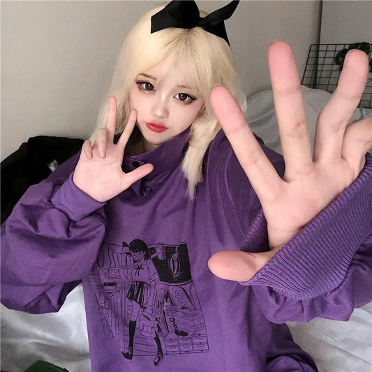 Hoodies Women Japanese Anime Pullover Sweatshirts Oversized Streetwear Harajuku Long Sleeve Turtleneck Hoodies Autumn Winter Fashion White Tops
