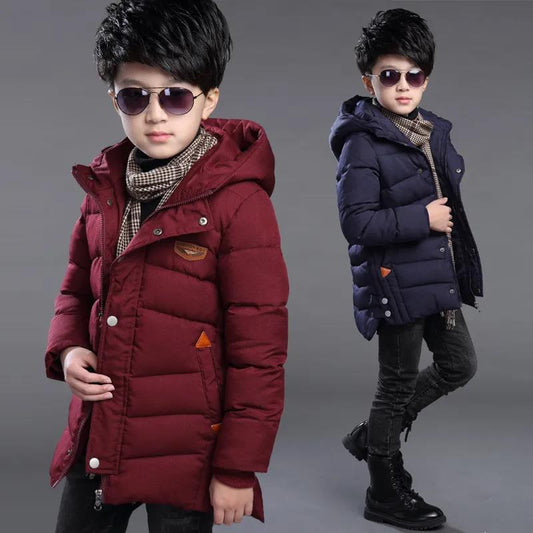 Boy's Cotton-padded Jacket Western Style Children's Coat Plus Velvet Padded Jacket Winter Clothes In The Big Children's Mid-length Korean Version