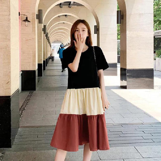 Dress Stitching Contrast Color Skirt Women's Loose Dress Round Neck Short-sleeved Large Skirt Casual Dress Fabric Light and Breathable Sweat-absorbent