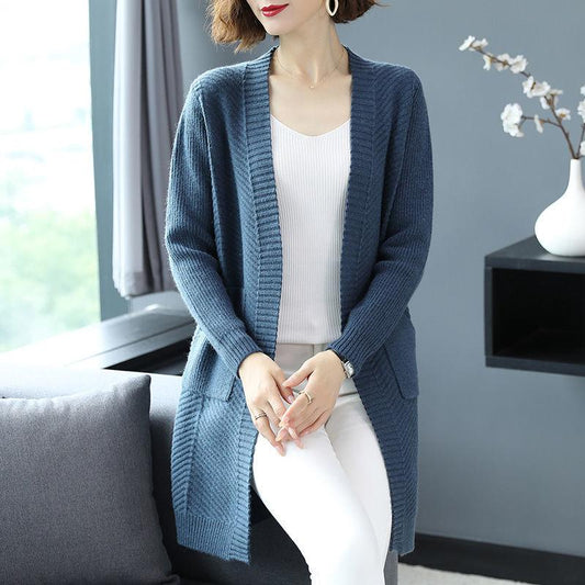 Autumn and Winter Wool Cardigan Sweater Large Size Medium and Long Loose Jacket Pure Color Simple Middle-aged Ladies Jacket